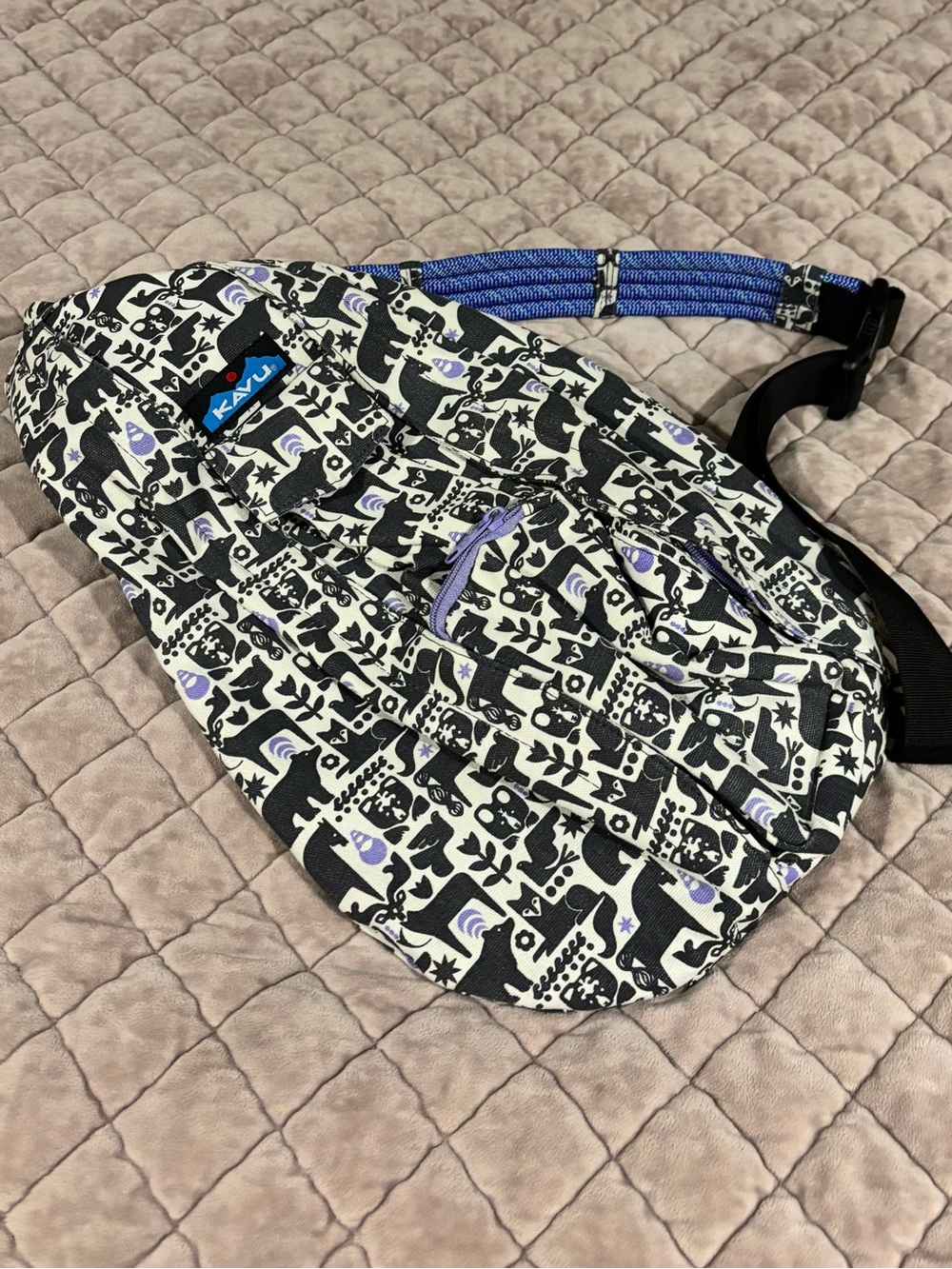Kavu Black & White Graphic Sling  Bag with Lavender Accents